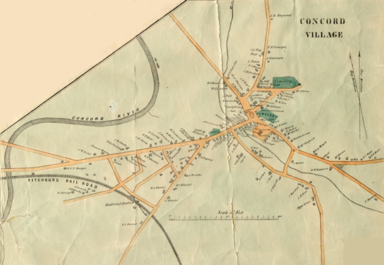 H.F. Walling.  Concord Village.  Inset from Map of the Town of Concord, Middlesex County, Mass., 1852