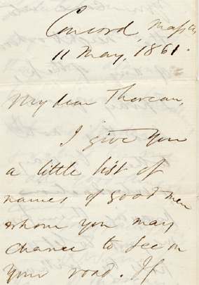 Ralph Waldo Emerson.  Autograph letter to Henry D. Thoreau (all-purpose letter of introduction for Thoreau in Minnesota), May 11, 1861