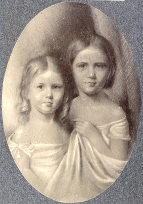 Photograph of portrait of Emerson’s daughters Edith (left) and Ellen (right) as young children, from Emerson family photograph album.