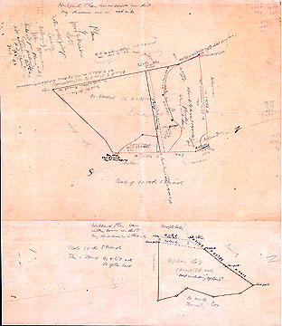 63a Plan of Wood & Meadow Lots in the Westerly Part of Concord Belonging to John Moore Enlarged from Plans Made by Cyrus Hubbard with Additions in Blue & Red Ink by H.D. Thoreau June 3 & 4, [18]56