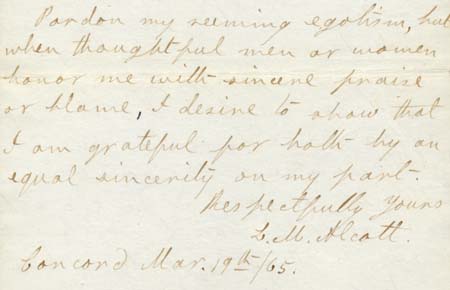 Section of: ALS, L[ouisa] M[ay] Alcott, Concord, [Mass.], to Mr. Ayer, 1865 Mar. 19