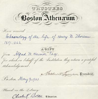 Gift letter from the Boston Athenaeum to Alfred W. Hosmer