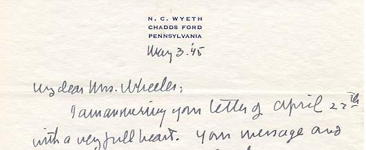 ALS, N.C. Wyeth, Chadds Ford, Pa. to My dear Mrs. Wheeler, Concord, Mass. 1945 May 3