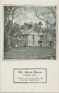 The Alcott House, Concord, Mass., A. Bronson Alcott, Mrs. Alcott and one of the 'Little Women'; early 20th century