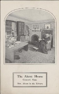 The Alcott House, Concord, 
	Mass., Mrs. Alcott in the Library; early 20th century