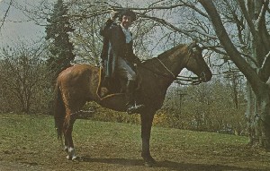[Historical reenactor 
	portraying William Dawes riding to warn Concord of the approach of the British army in 1775]; 1968 (copyright date)
