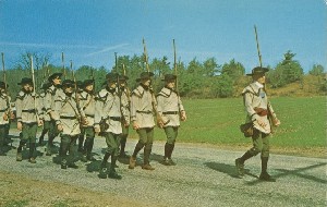 [Historical reenactors 
	depicting marching Minute Men from Colonel Prescott's regiment]; 1970 (copyright date)