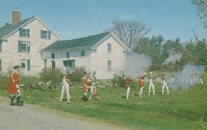[Historical reenactors at 
	Barrett House depicting British flankers in the Battle of 1775]; 1970s