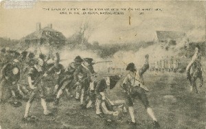 'The dawn of 
	liberty' British regulars open fire on the minute men, April 19, 1775, Lexington, Massachusetts; early 20th century