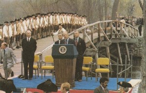 [President Gerald Ford at the 
	North Bridge during the bicentennial celebration of the Concord Fight, 1975 April 19]; circa 1975 (date of photograph)