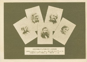 Concord's literary group, 
	Louisa Alcott on right; her father Bronson Alcott on left; Emerson, Hawthorne and Thoreau in center.; mid-late 20th century