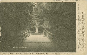 Concord, Mass. Moonlight Scene at the Old North Bridge. British Monument in the distance.; 1906 (copyright date)