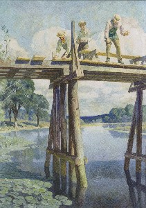 N.C. Wyeth, <em>The 
	Carpenters Repairing Hubbard's Bridge</em> (painted to illustrate 

the 1936 book <em>Men of Concord</em>, published in Boston by Houghton 

Mifflin).; 2016