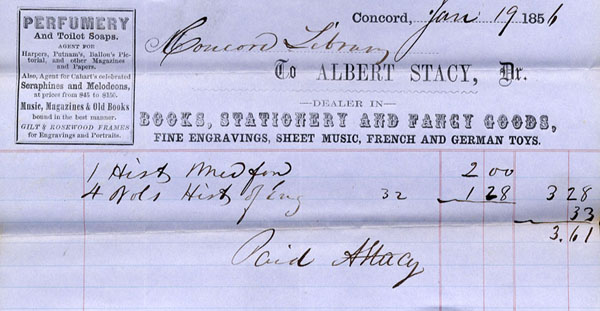 Bill of sale, Albert Stacy to Concord Library, 1856 Jan. 19