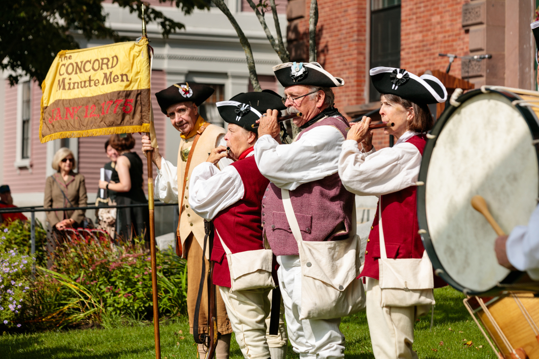 the Concord Minute Men fife and drum corps play at the Library's 150th Anniversary celebration