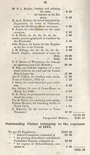 Town Expenses Related to the Burning of the Middlesex Hotel