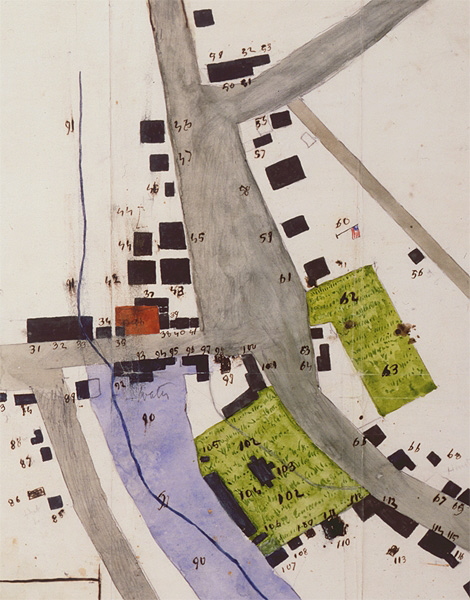 Section of Jarvis's hand-drawn map of Concord Center, 1810 - 1820