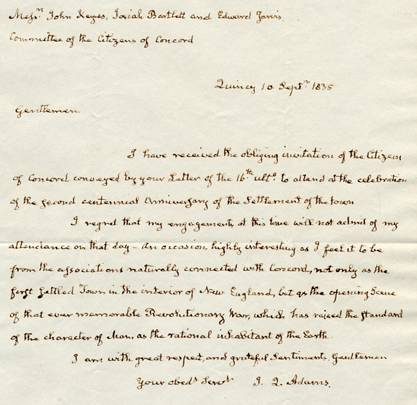 ALS, John Quincy Adams to Committee of the Citizens of Concord, 1835 Sept. 10 . Em_Con_20