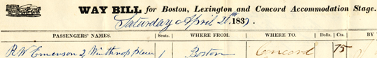 Waybill for Boston, Lexington, and Concord Accommodation Stage, April 20, 1839.