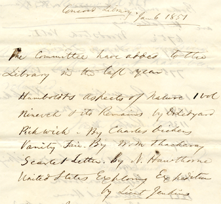 Report of the Standing Committee of the Concord Social Library, in Emerson's hand, January 6, 1851.