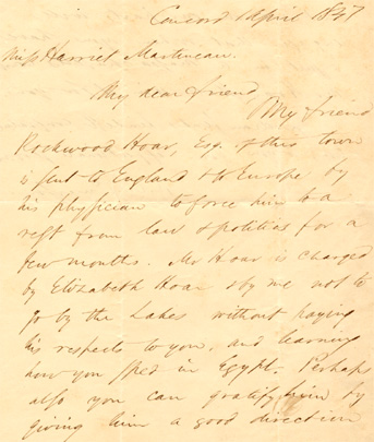 Ralph Waldo Emerson.  Autograph letter of introduction for E.R. Hoar to Harriet Martineau, April 1, 1847.