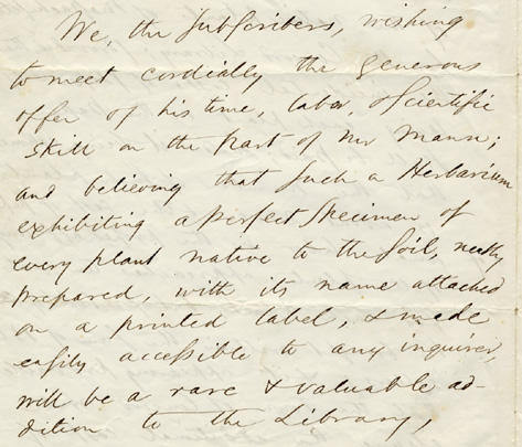 Ralph Waldo Emerson.  Manuscript subscription letter for herbarium to be made by Horace Mann, Jr., for the Concord  Town Library, [1866].