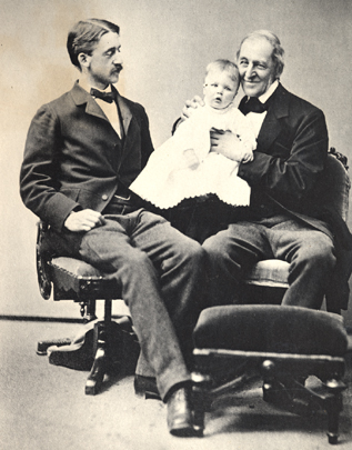 Photograph of Ralph Waldo Emerson with his son Edward and baby grandson Charles Lowell Emerson, from Emerson family photograph album.
