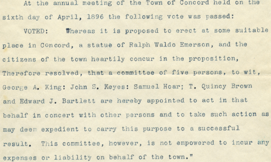 Committee on the Emerson Statue.  Typed minutes, including original 1896 vote of Concord to erect a public memorial to Emerson  and committee’s vote to replace departed members, December 10, 1905.