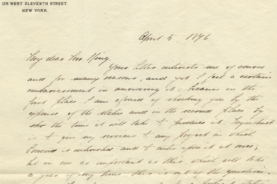 Daniel Chester French.  Autograph letter, signed, April 5, 1896 to George A. King of Concord’s Committee on the Emerson Statue.