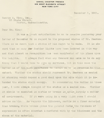 Daniel Chester French.  Typed letter, signed, December 6, 1905 to George A. King of Concord’s Committee on the Emerson Statue.