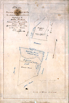 63b Plan of Wood & Meadow Lots in the Westerly Part of Concord Belonging to John Moore Enlarged from Plans Made by Cyrus Hubbard with Additions in Blue & Red Ink by H.D. Thoreau June 3 & 4, [18]56