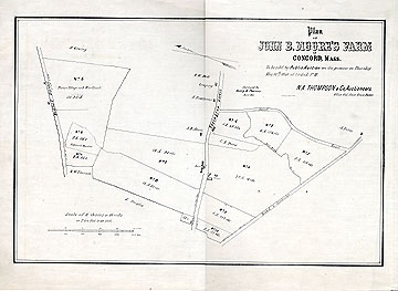 94b [Printed item] Plan of John B. Moore's Farm in Concord Mass. Surveyed by Henry D. Thoreau. To be Sold at Public Auction on the Premises on Thursday May 10th 1860 at 1 o'clock p.m. N.A. Thompson & Co. Auctioneers. Office Old State House, Boston.