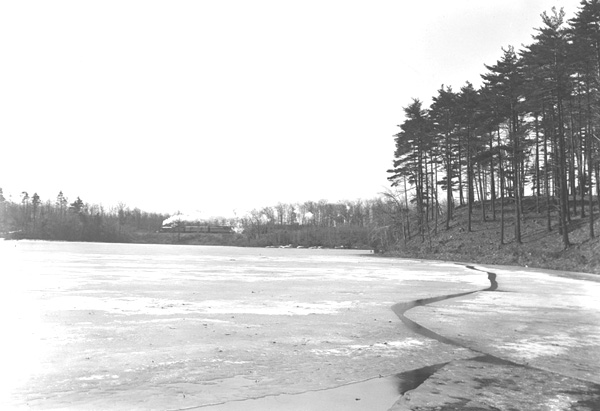 Herbert Wendell Gleason.  Northwest cove of Walden, ice breaking up (train in distance)