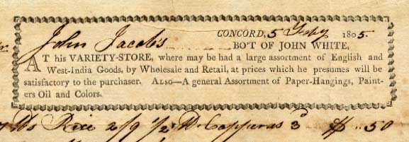 Receipt for payment on items purchased of John White by John Jacobs, 1805 Feb. 5