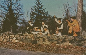 [Historical reenactors portray
	 Minutemen flanking the road to Boston during the retreat of the British soldiers during the Battle of 1775]; 1968 (copyright date)