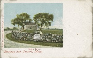Meriams Corner. 
	Greeting from Concord, Mass.; early 20th century