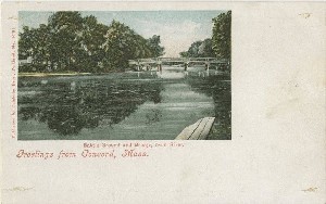 Greetings from Concord, 
	Mass. Battle Ground and Bridge, from River; early 20th century
