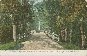 Concord Bridge with 
	Monument in the distance, across the Bridge, Concord, Mass.; early 

to mid-20th century