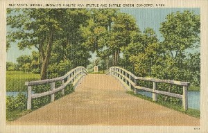 The Old North Bridge, 
	showing Minute Man Statue and Battle Green, Concord, Mass.; early to 

mid-20th century